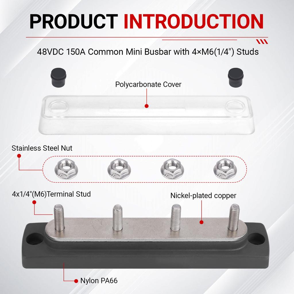 M6 Terminal Studs Bus Bar Distributor 150A 4Way 6Way Red Black 48V Heat-Resistant Power Distribution Block Copper For EV Battery