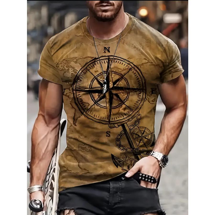 Summer Compass Print T-Shirt - Mens Stretchy Crew Neck Casual Tee with Slight Stretch Short Sleeves Weekend Casual Occasions