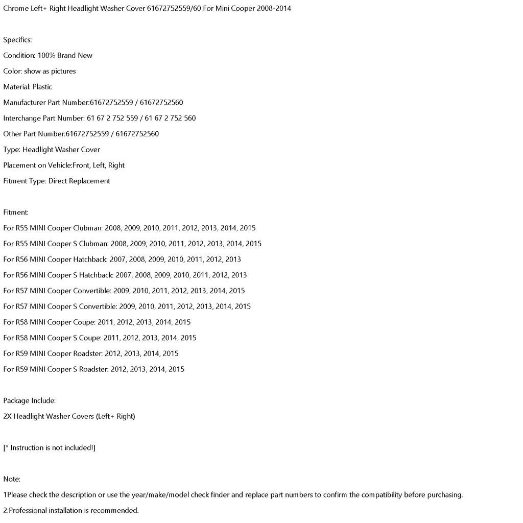 Chrome Left+ Right Headlight Washer Cover 61672752559/60 For Mini Cooper 08-2014