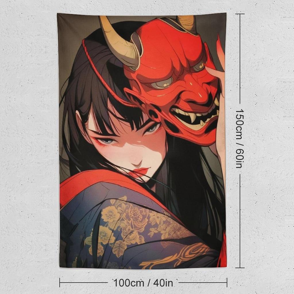 VIKAMA JapanStyle Prajna Mask Girl Tapestry Personality Trendy Cool Wind Bedroom Living Room Background Tapestry Home Decor