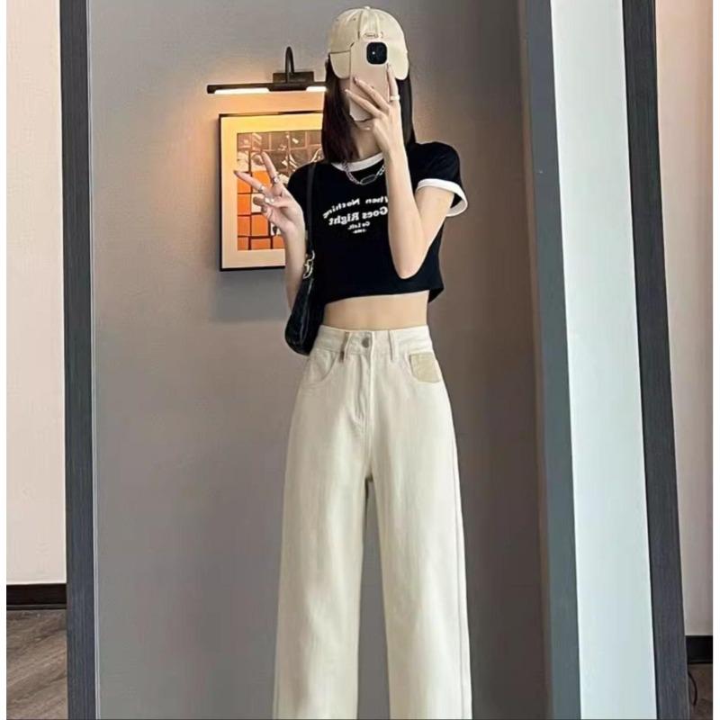 Modische Damen High Waist Straight Leg Jeans Hellbeige Lockerer Schnitt Bequeme Denim Hose Trendig