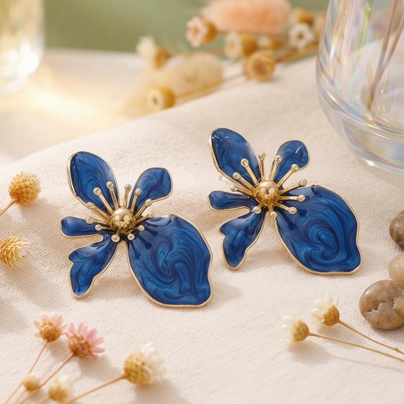 Exquisite Colorful Enamel Flower Stud Earrings for Women Retro Metal Irregular Floral Temperament Earrings Jewelry Holiday Party