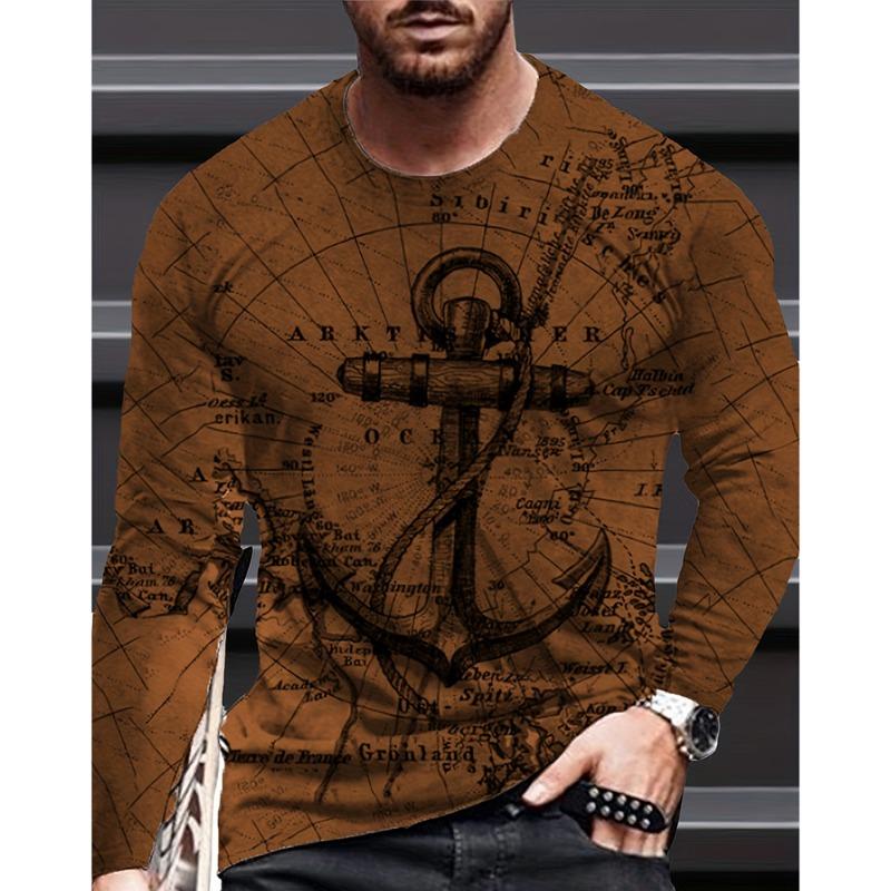 Vintage Herren Langarm T-Shirt Mode Kreuzmuster Langarm 3D Kleidung Seekarte Print Street Harajuku Übergroß