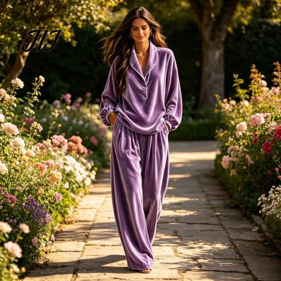 Autumn Winter Home Wear Women Velvet Top Pants Set for Fall Winter, Casual Lapel Collar Lounging Apparel & Wide Leg Trousers with Pockets, Loose