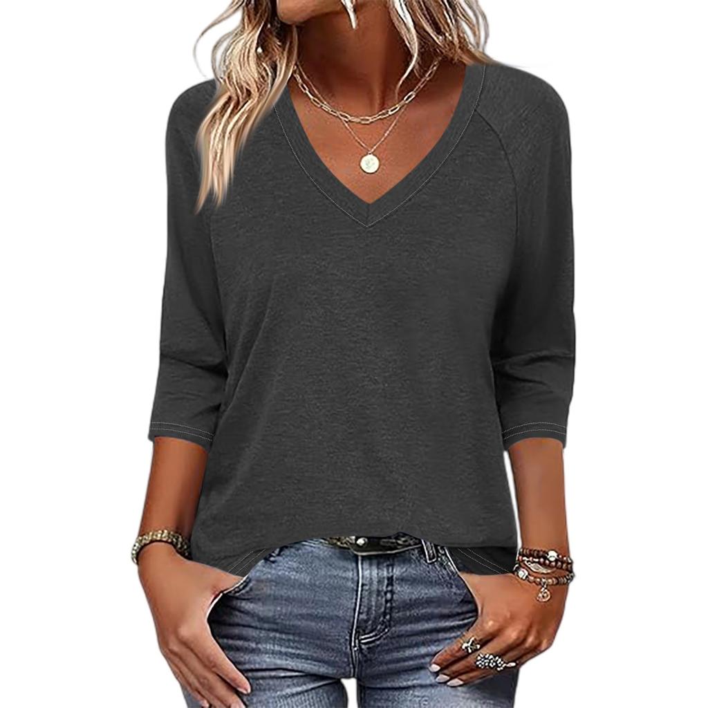 Women's V Neck 3/4 Sleeve Tops Casual T Shirts Basic Summer Tees Loose Fit Fall Pullover Tunic