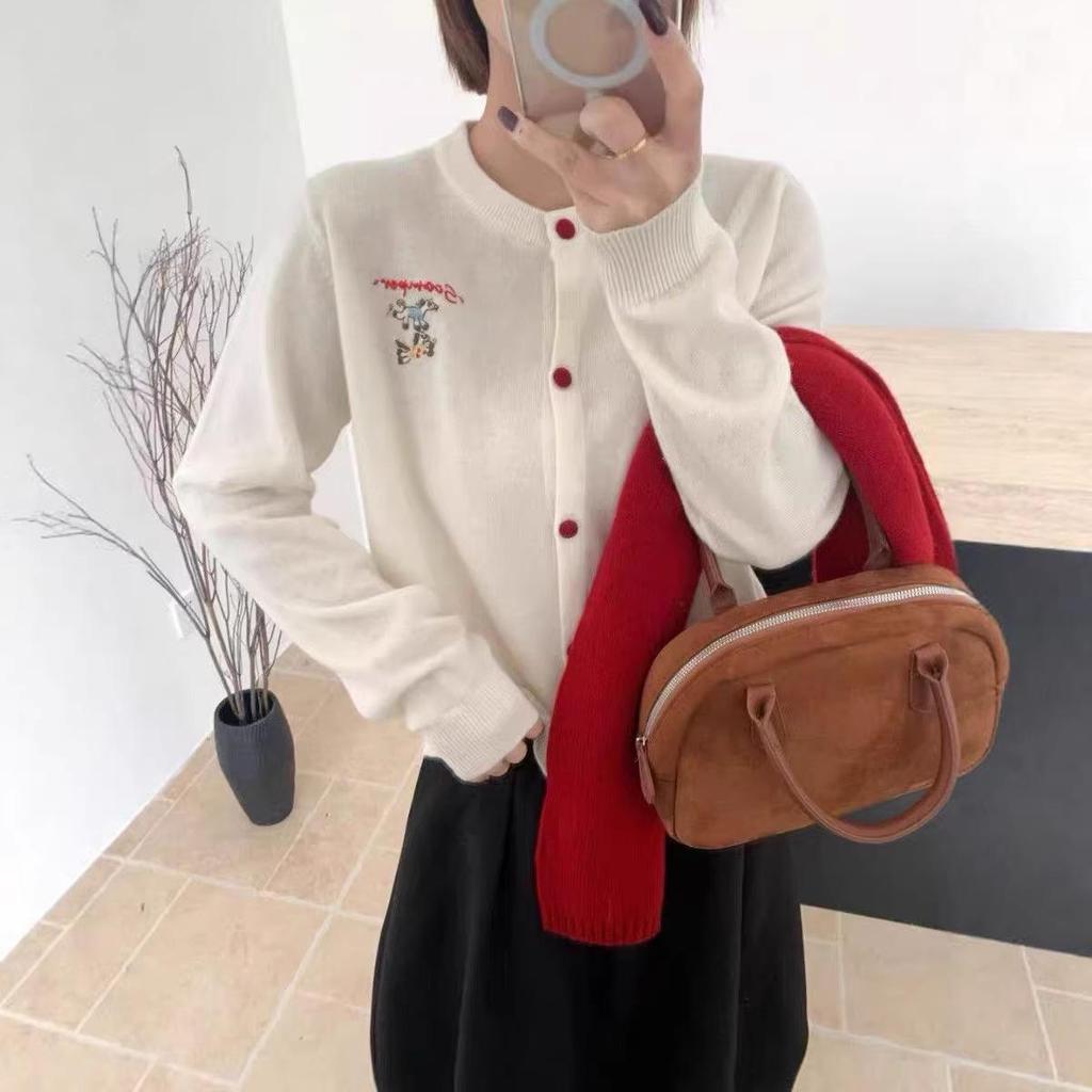 Plus Size Women's New Year Round Neck Knit Cardigan with Little Horse Embroidery – Autumn/Winter Long Sleeve Top