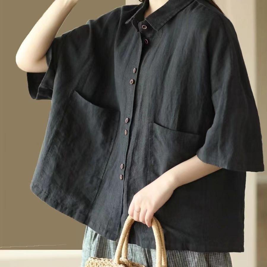 Retro cotton and linen short-sleeved shirt women's summer new large-size shirt loose casual versatile Polo collar top