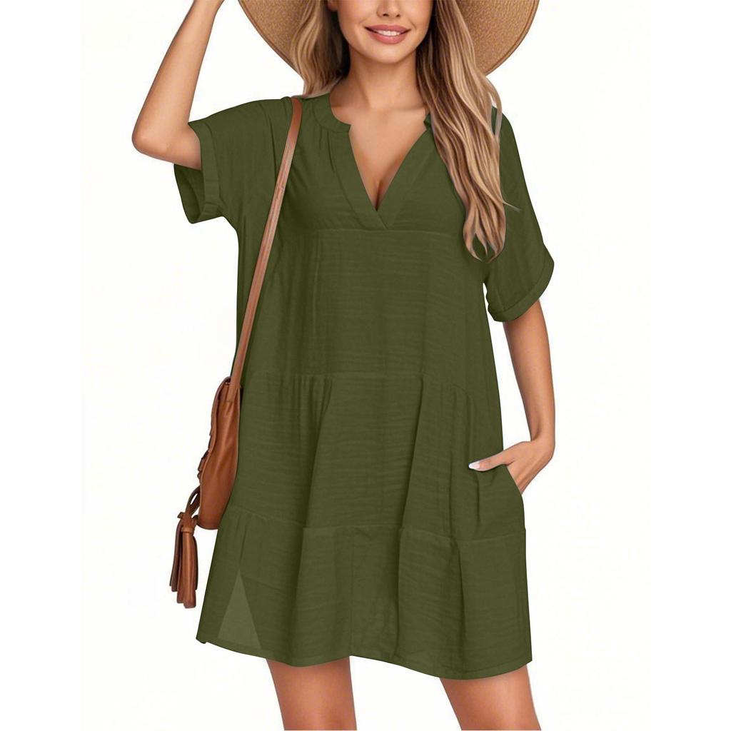 Women's Fashion Smock Casual Short-sleeved V-neck T-shirt Dress Holiday Beach Dress