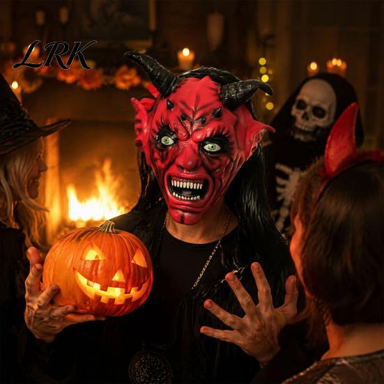 Scary Demon Mask with Horns Halloween Satan Devil Mask, Realistic Full Head Latex Costume Long Satanic Cosplay Props And Fangs, Party for Haunted