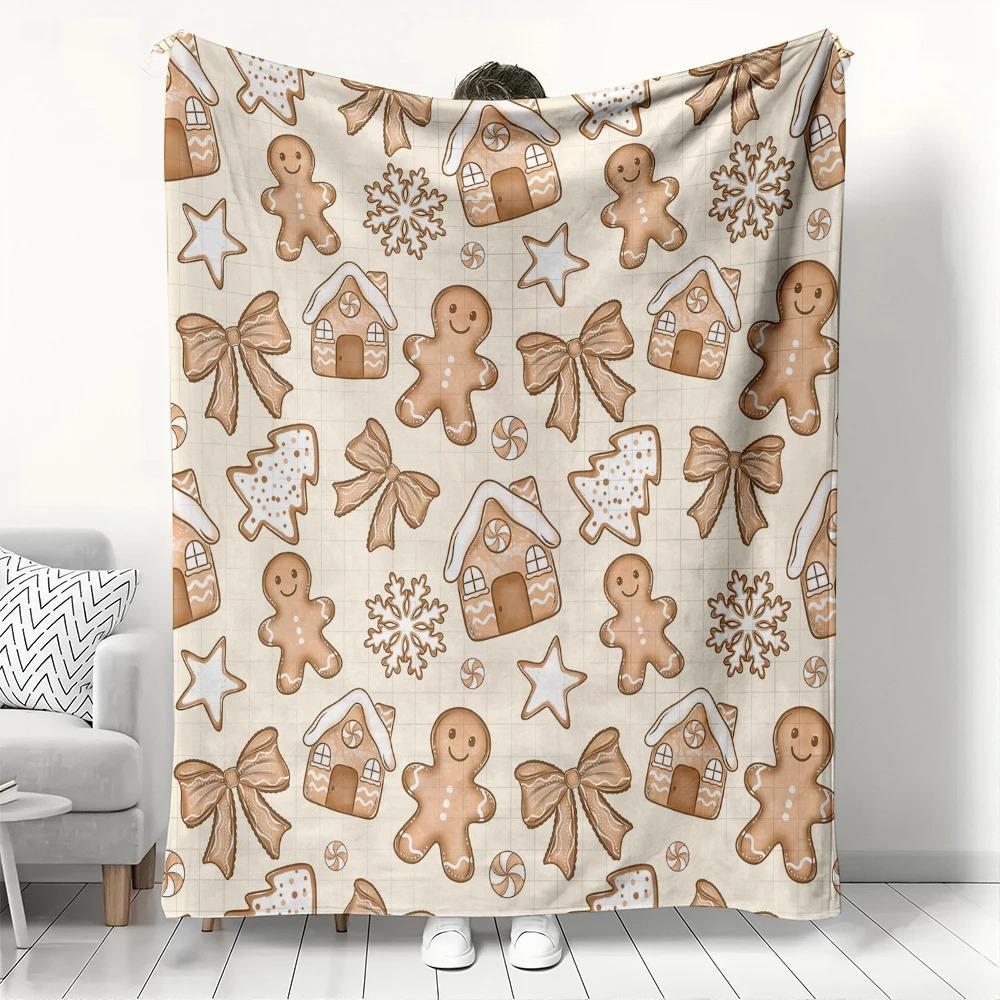 

Christmas Gingerbread Man & Cookie Pattern Fleece Blanket Cozy Throw Blanket for Couch Bed Blanket with Gingerbreadfor Home Gift 70x100cm білий