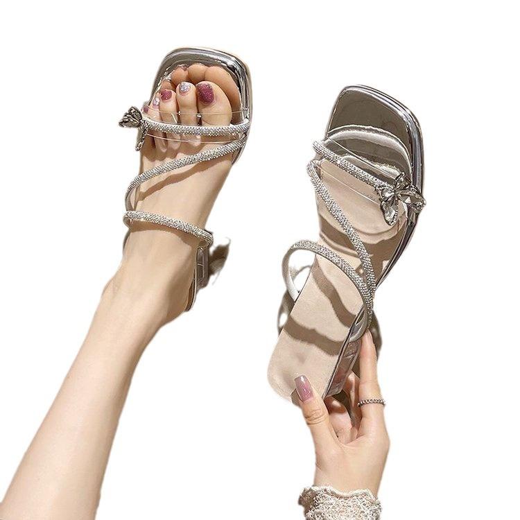 French thick-heeled slippers women's summer wear 2025 new fairy style bow rhinestone temperament high-heeled crystal sandals