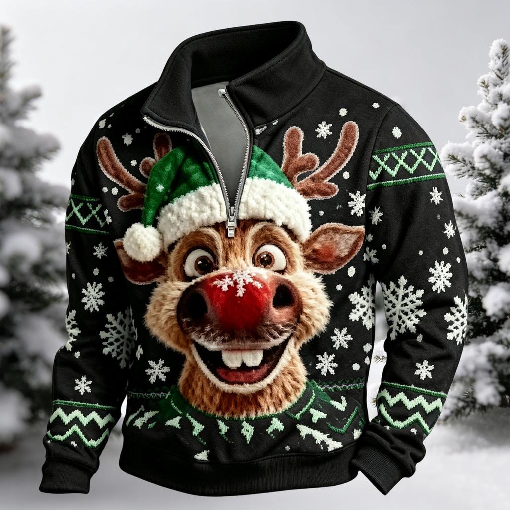 Men's Casual Christmas Zip Up Long Sleeve Sweatshirt with Stand Collar