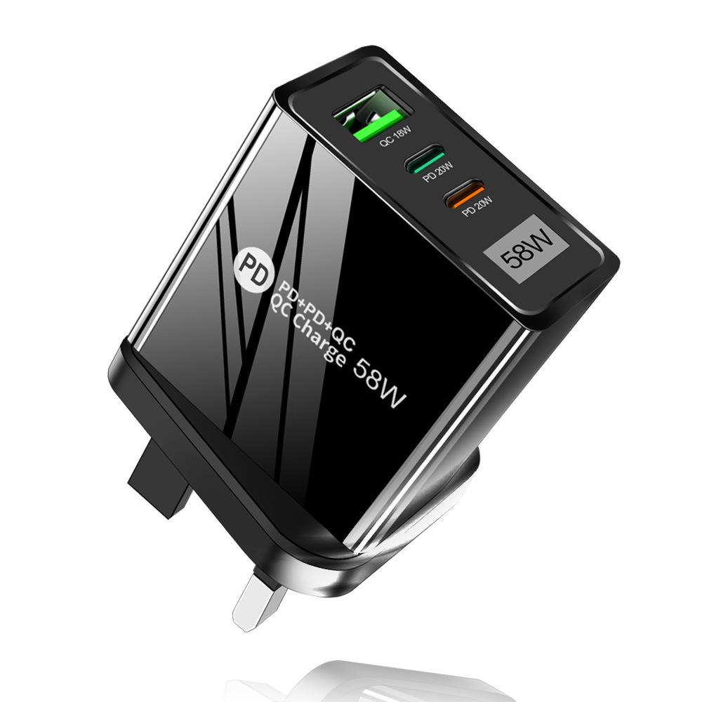 58W Fast Charging USB + Dual PD Travel Charger with EU/US/UK/KR/AU Plug, Type-C Compatible