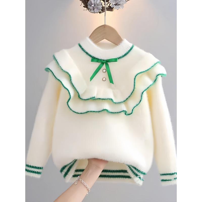 

Уютный вязаный свитер для девочек на флисовой подкладке с воротником-рюшем и зеленым бантом - Теплый топ с длинным рукавом для осени/зимы, Мягкий белый, Свитер с воротником-рюшем 140