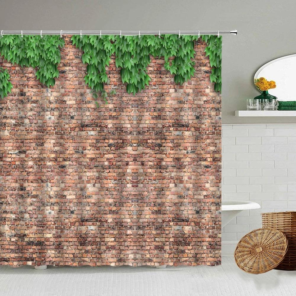Green Vine Vintage Stone Brick Wall Shower Curtains Set Natural Plants Leaves Flowers Polyester Fabric Bathroom Decor with Hooks