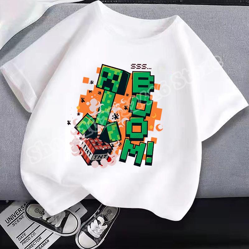Miner Crafted Child Round Neck Cotton T-Shirt Game Themed Print Short Sleeve Top Casual Tees for Boys Summer Clothing Kids Gifts