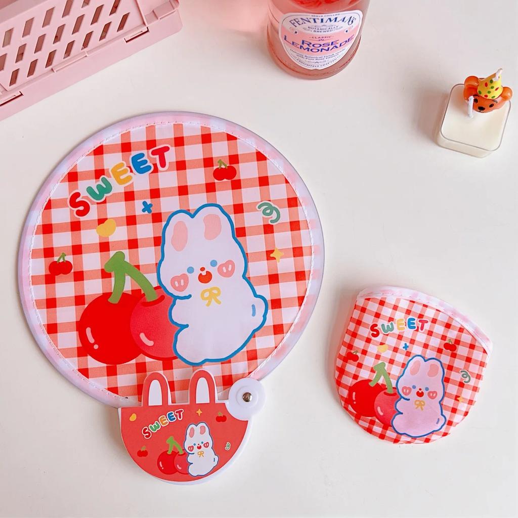 Lovely Japanese Folding Round Fan Summer Portable Mini Cartoon Handle Cloth Net Red