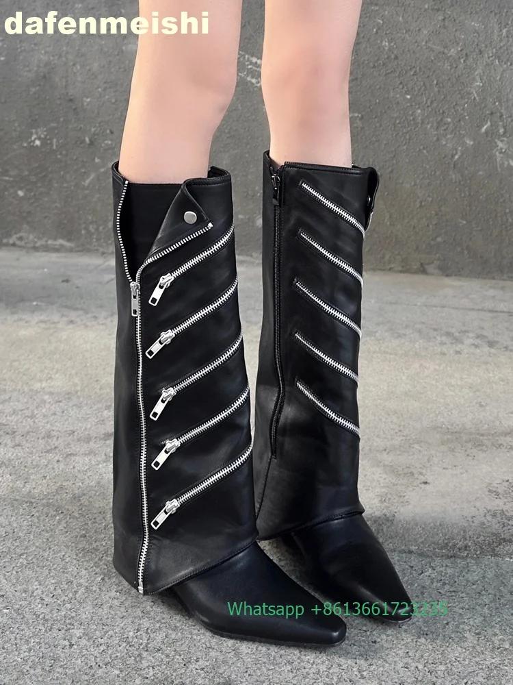 

Pointed Zipper Decorated Shark Boots Women 2025 Summer New Side Zip Long Boots 6.5Cm Wedges Black Leather Knee-High Boots 40