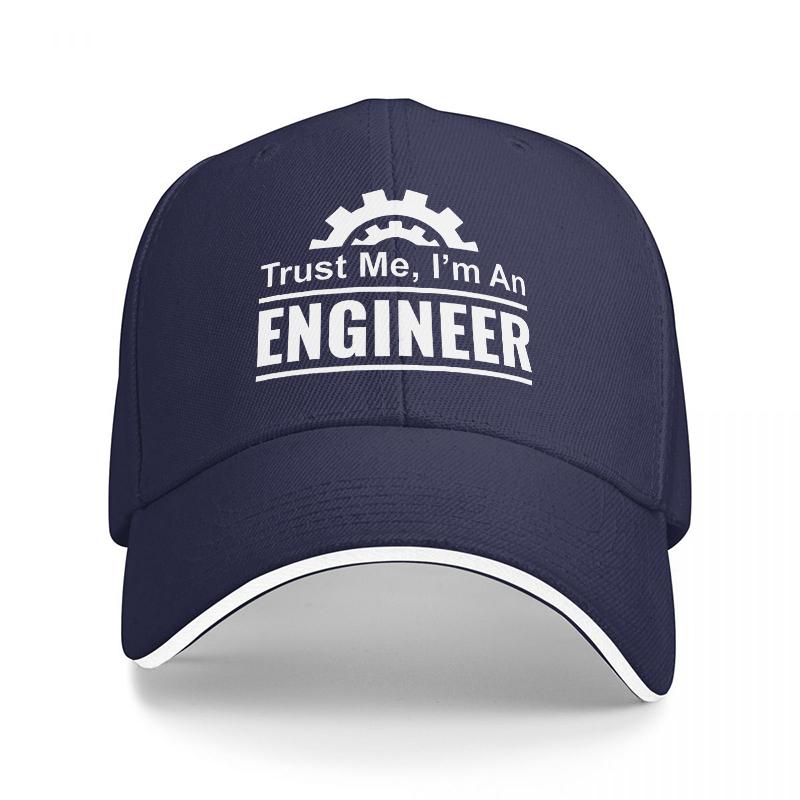 Trust Me Im An Engineer Gear Logo Baseball Cap Black and White Design for Engineering Enthusiasts and Professionals