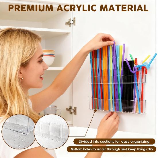 Clear Straw Holder for Cabinet Door, Acrylic Adhesive Straw Organizer for Saves Space Inside Cabinet Door & Kitchen Counters Storage