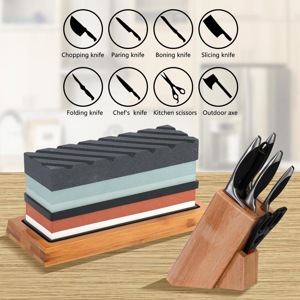 Knife Sharpening Stone Set, 4 Side KitGrit 400/1000/3000/8000 Waterstone, Whetstone Sharpener Set with Non-Slip Bamboo Base, Cut Resistant Gloves,