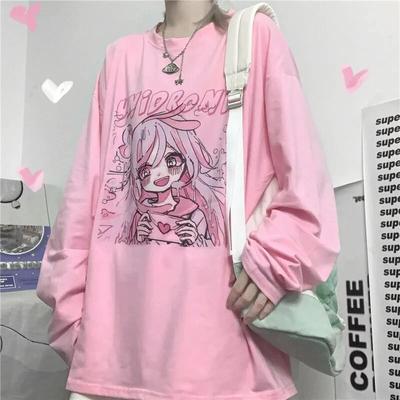 Long-Sleeved T-Shirt Female Autumn New Kawaii Student Clothes For Korean Version Loose Wild Ins Cute Girl Anime Cartoon Pink Top
