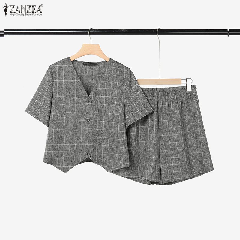 ZANZEA Women Short Sleeve Blouse and Shorts Plaid Print Casual Two Piece Suit Sets