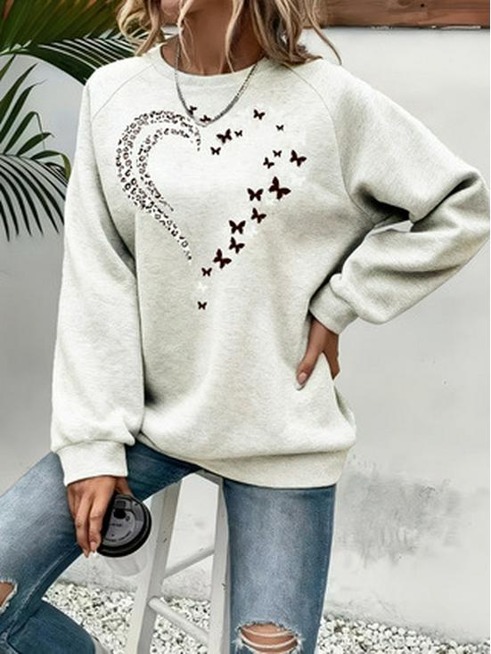 Damen Hoodie mit Herz- und Schmetterlingsprint - Mehrfarbig, Rundhalsausschnitt, Langarm, Lässiges vielseitiges Oberteil.