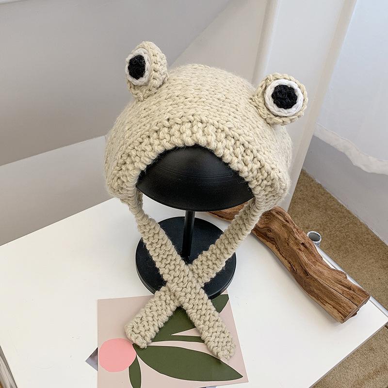 Frog Knitted Wool Hat for Women In Autumn and Winter Versatile Cute Korean Style Headdress Winter Headgear Cuckold Trendy Ear Cup