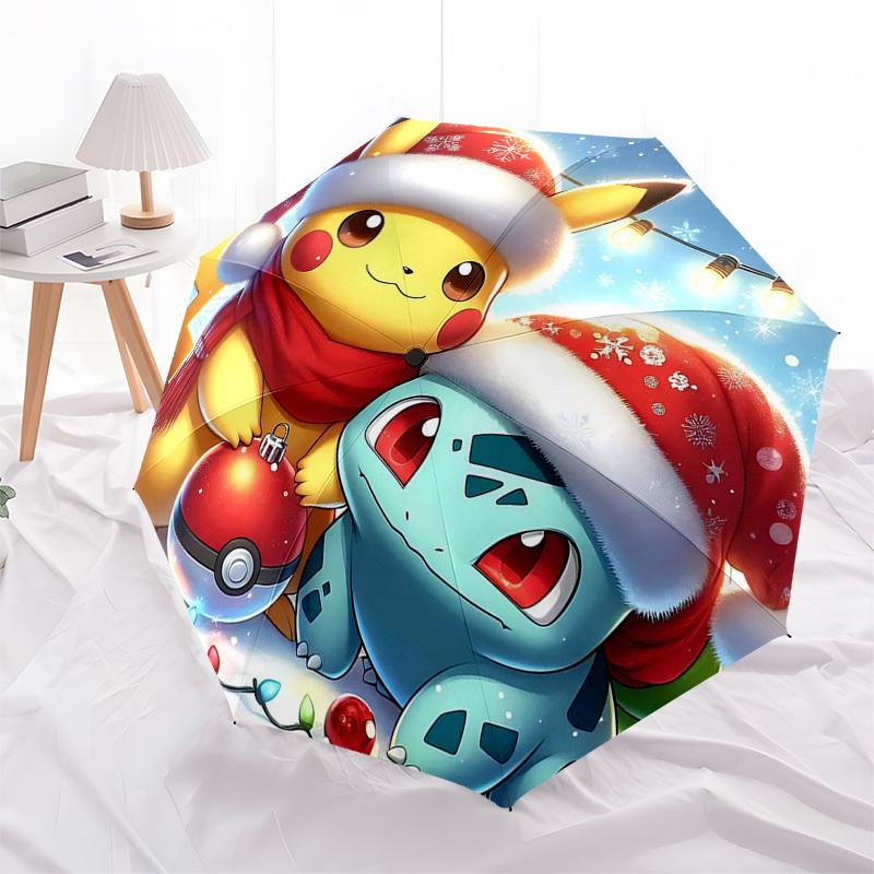 

1pc Christmas Pikachu & Squirtle Santa Hat Auto Open Close Umbrella, Portable Tri-Fold Design with 8-Rib Iron Frame, Outdoor for Fans, Travelers, Dail