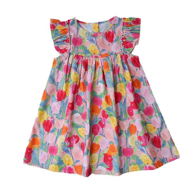 Tulip Sweet Round Neck Girls' Summer Dress with Small Flutter Sleeves, Cotton Princess Style - Stylish Children's Clothing for 2026.