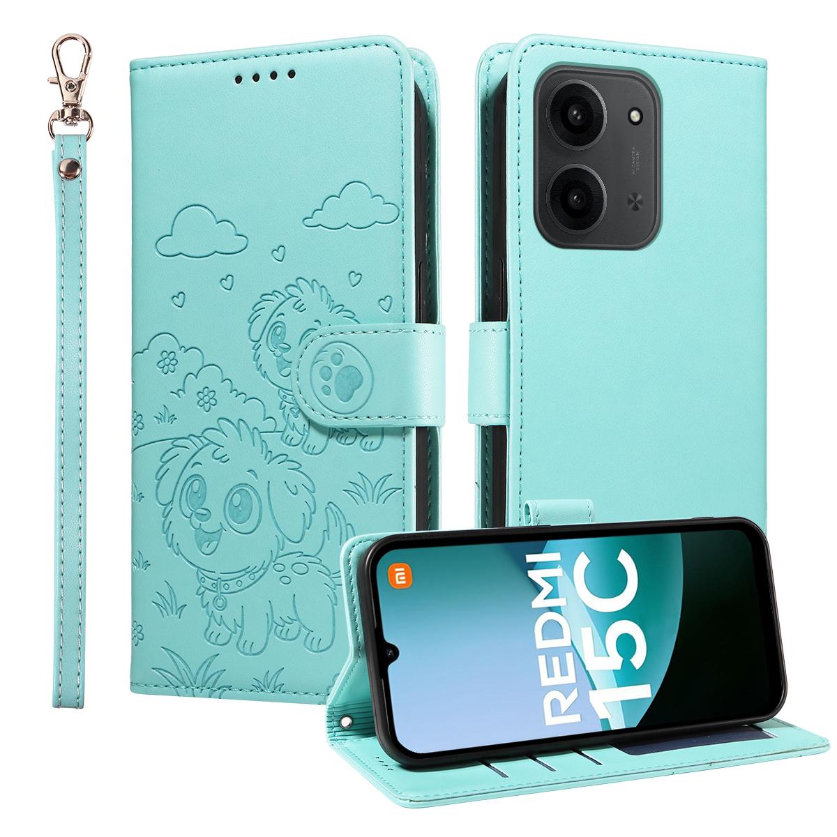 

Для Xiaomi Redmi 15C 5G (Європа) (173 мм)/15C 4G (Європа) (173 мм) Чохол RFID-блокуючий з відбитком візерунка собаки зі шкірозамінника для телефону з ремінцем на зап ястя