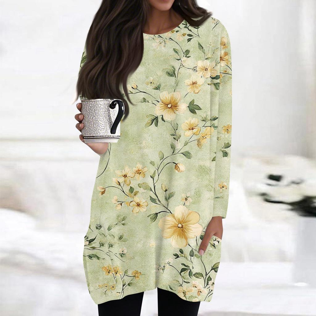 Womens Tops Round Neck  Long Sleeve Blouses Casual Mid-length Shirts Fashion Print Tunic Tops With Pockets