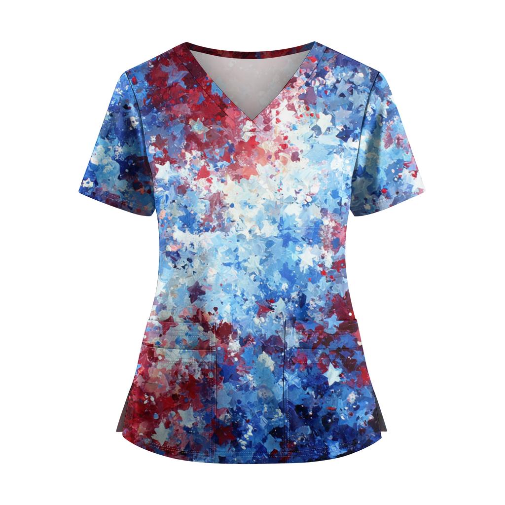 Women's Independence Day Print V-Neck Double Pocket Short Sleeve Uniform with Slit Hem - Caregiver Top