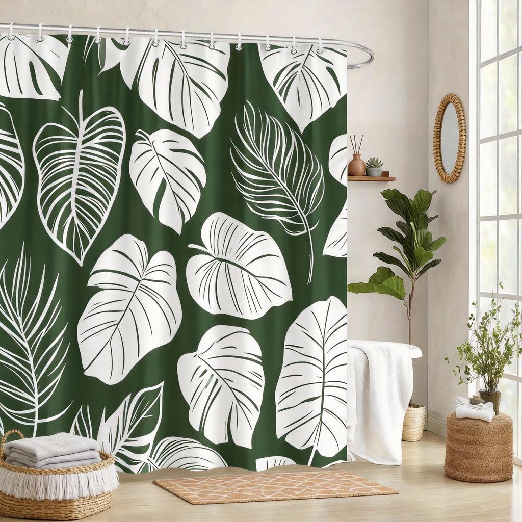 Tropical Leaves Shower Curtain 180x180cm – Olive Green Monstera Pilea Philodendron, Boho Minimalist Bathroom Decor, 12 Hooks