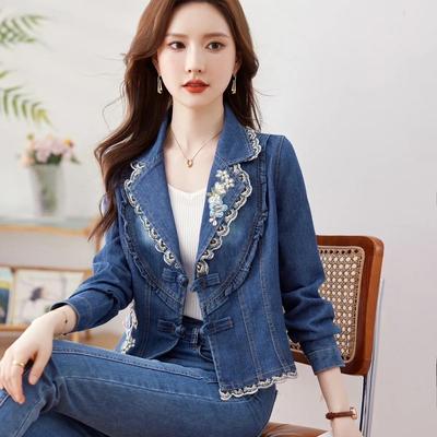 Chaqueta Vaquera Corta de Primavera y Otoño para Mujer Bordada Retro Ajustada Tops Femeninos