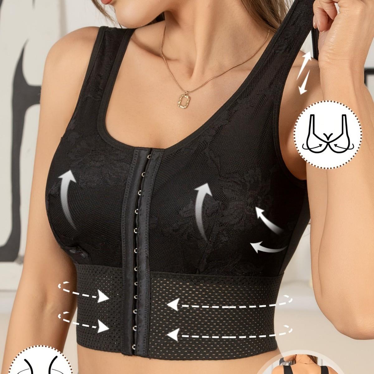 Women Solid Black Front Closure Wireless Push Up Comfort Sports Bra S