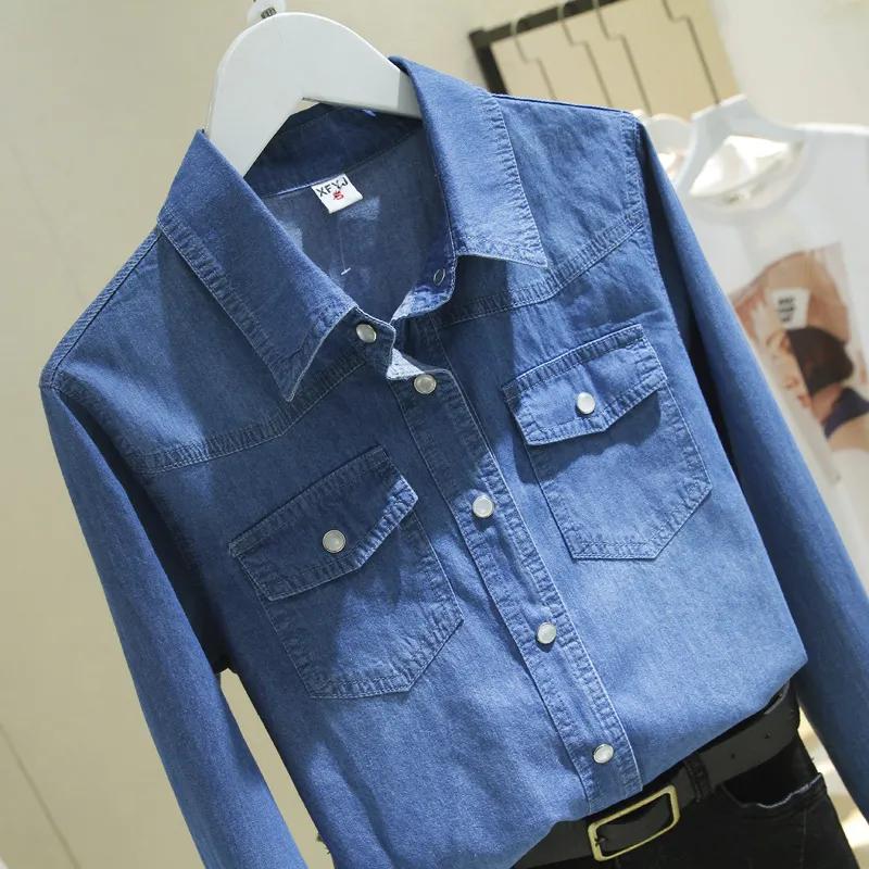 Damen Frühlings Langarm Denim Bluse Blau Revershemd