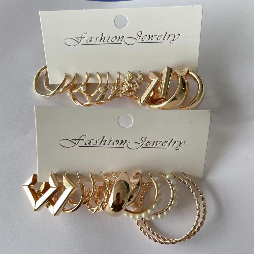 2026 Explosive Earrings Earrings Geometric Square Earrings Retro Pearl Card Set Alloy Earrings Earrings Combination