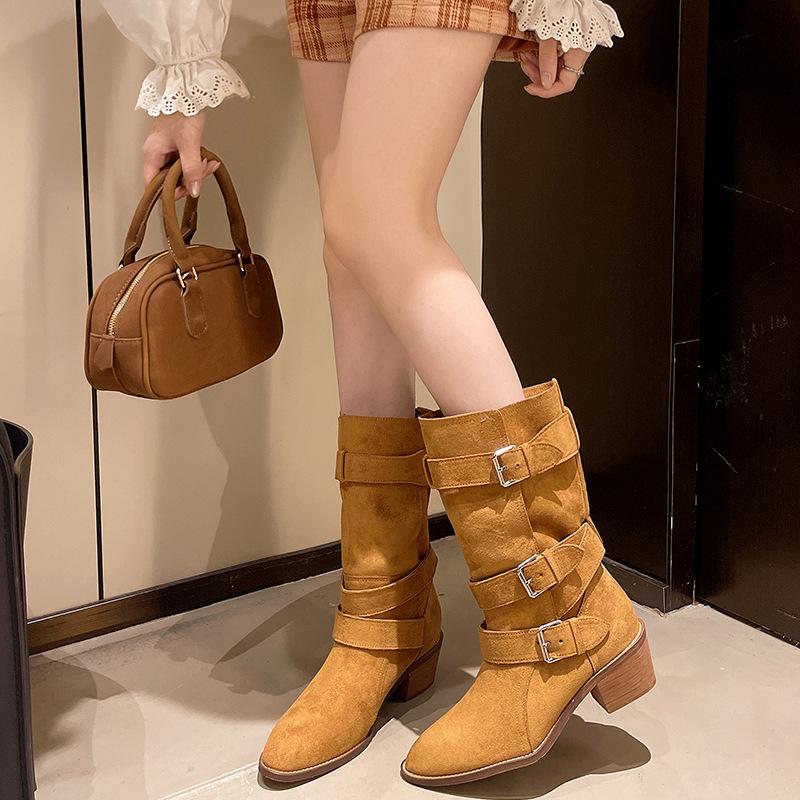 Retro Belt Buckle Pointed Head Thick Heel Western Cowboy Boots Women's Autumn and Winter Versatile Foreign Style Absolute Child Lazy Wind Knight Boots