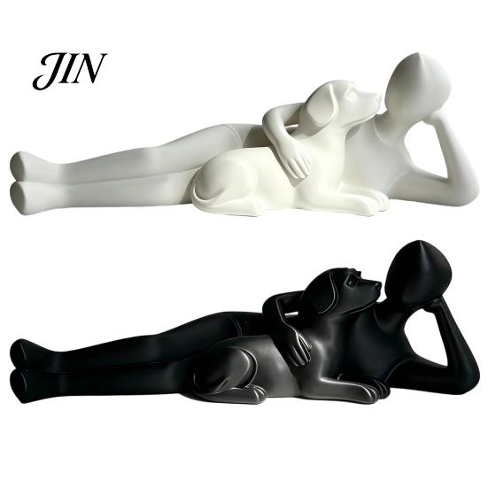 Modern Abstract Art Decor 3D Printed Man Lying on Dog Statue, Minimalist Human Pet Desktop Ornaments for Owners Figurine, Matte Black Sculpture