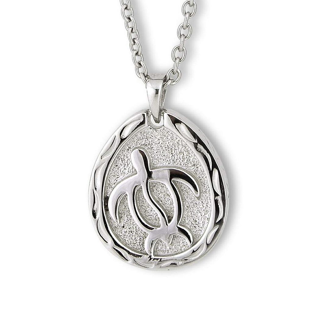 (Aloha Lokahi) Hawaiian Jewelry Necklace, Surgical Stainless Steel Honu (Sea Turtle) Design, Stainless Steel Silver Figaro Chain (2mm width), 40cm
