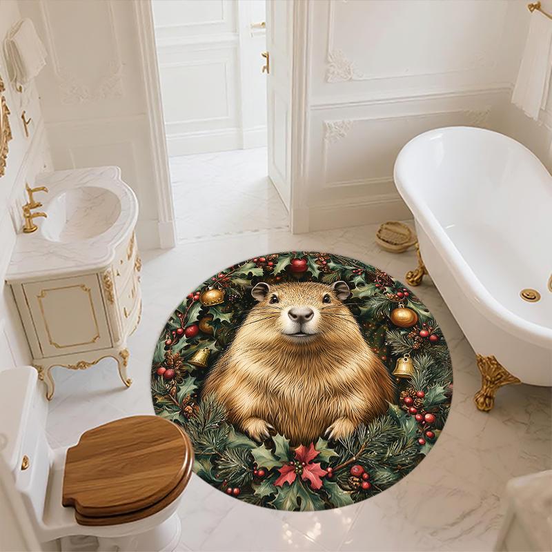 Christmas Capybara pattern round rug,Carpet Rug for Living Room Bedroom Playroom ,Non-slip Floor Mat,Holiday Gifts and Birthday Gifts.