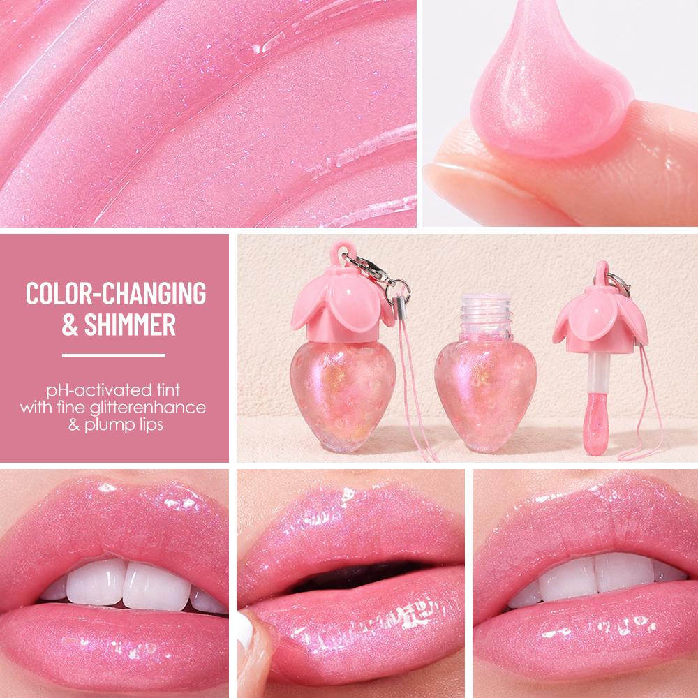 Süßer Erdbeer-Lipgloss mit Schlüsselanhänger-Riemen, Schimmernder Glitzer-Flüssiglippenstift, Feuchtigkeitsspendendes Lip Glow Öl, Pinker Spiegel-Lipliner für das Tägliche Natürliche Make-up