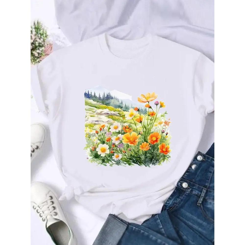 Flower Style Trend Cute Fashion Women Graphic T Shirt Print T-shirts Stylish Short Sleeve Top Clothing Ladies Female Tee T-Shirt