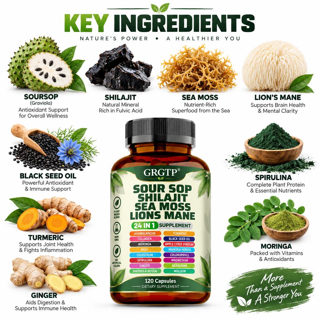 24-in-1 Supplement, featuring a blend of Shilajit, Graviola, Sea Moss, Lion’s Mane, and Ashwagandha – For Adults