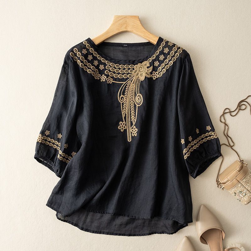 2025 New Retro Round Neck Embroidered Cotton and Linen Top Women's Fashion Sense Temperament Thin Thin T-shirt
