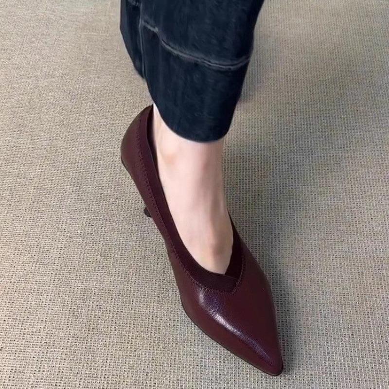 Fashion New Handmade Genuine Leather High Heels Slip On Shallow Women Pumps Pointed Toe  Office Lady Party Solid