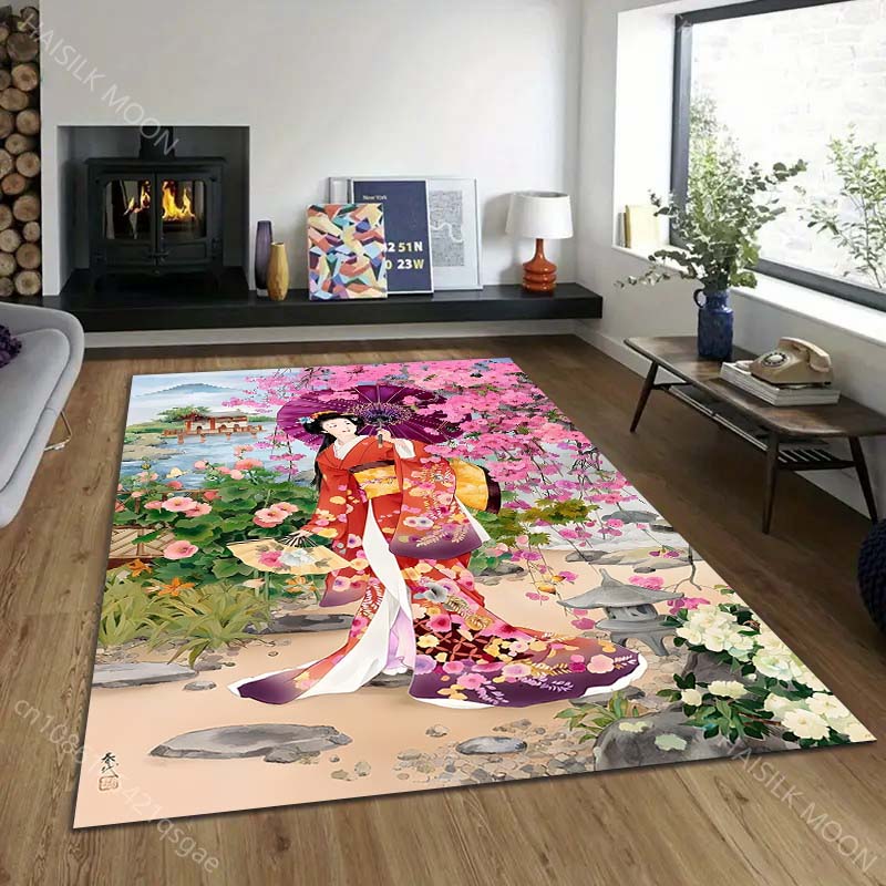 Multiple Sizes Japanese Kimono Scenic Pattern Carpet for Living Room Bedroom Sofa Home Decor Non-slip Floor Mat Luxury Gift