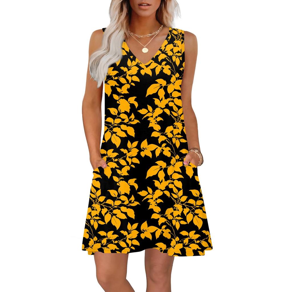 Women's Summer Dresses Loose Fit Printed V Neck Sleeveless Sundresses Beach Hawaiian Dress With Pockets
